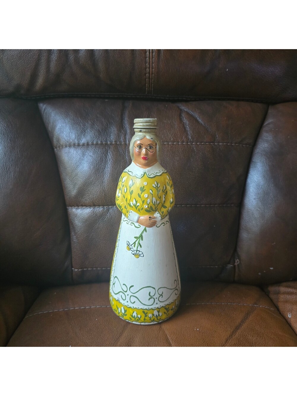 Vintage Folk Art Hand Painted Mrs Butterworth Syrup Bottle Grandma Woman Yellow